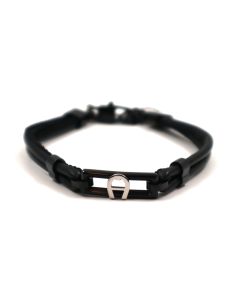 Aigner Bracelet - Black Leather with Silver Signature Logo