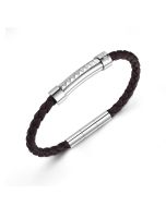 Police bracelet for men silver , Brown leather